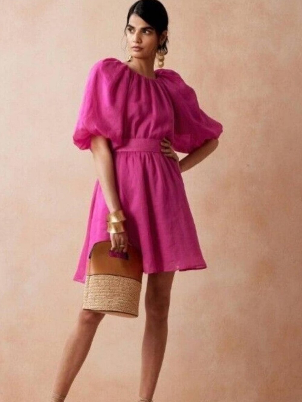 Banana Republic Fuchsia Puff-Sleeve Mini Dress With Open Back